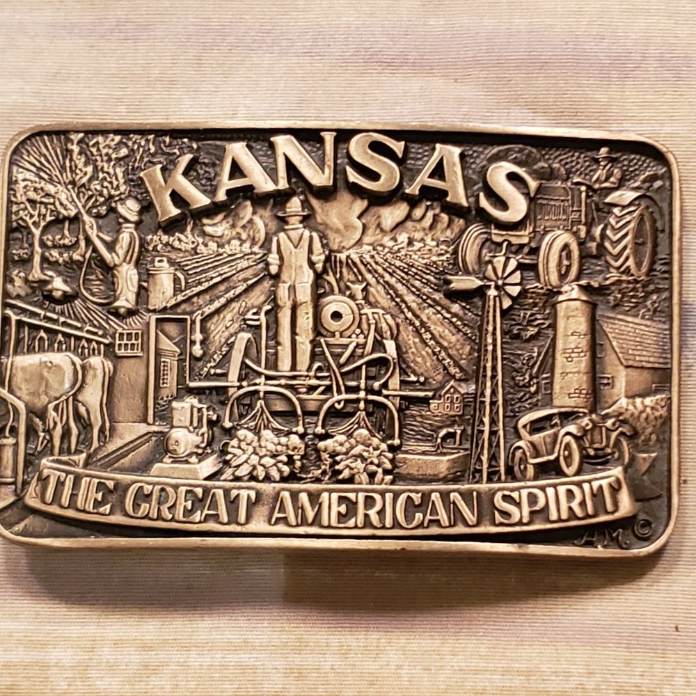 Kansas Solid Brass Belt Buckle - Vintage